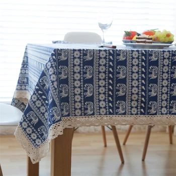 

New Linen Cotton Lace Tablecloths Blue Elephant Table Cloth Pillow Cover Microwave Cover Nappe Manteles Para Mesa Rectangulares