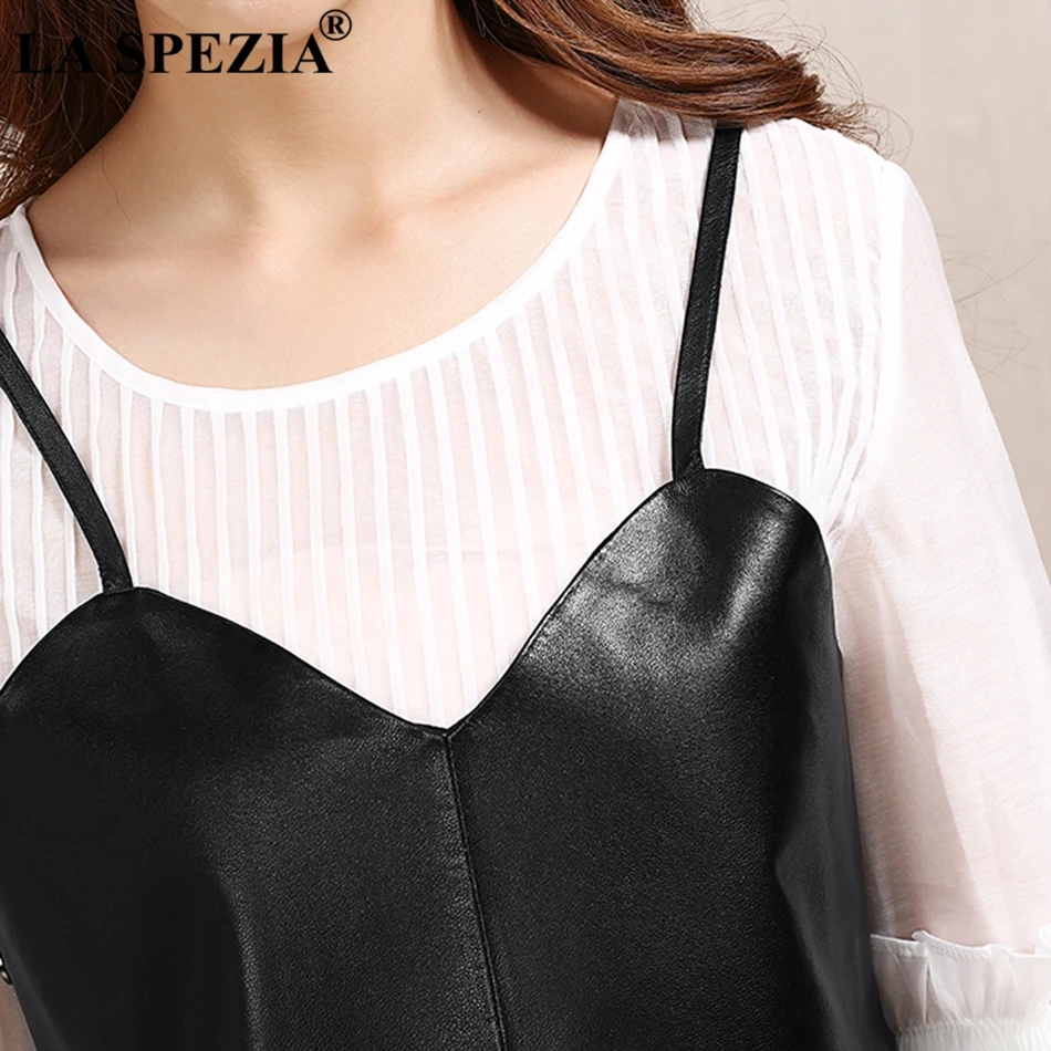 LA SPEZIA Black Womens Vest Short Luxury Waistcoat Female Genuine Sheepskin Leather High Quality Fashion Ladies Spring Gilet
