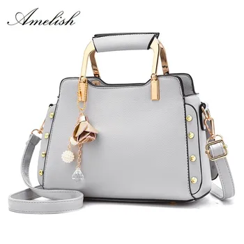 

2018 Fashion Flag Women PU Leather Solid Color Handbag Girls Metal Handle Bags Diamonds Pendant Ladies Totes Shoulder Hand Bag