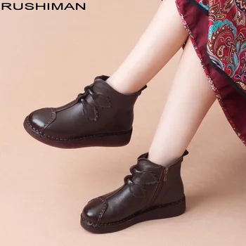 

Autumn winter new thick bottom Genuine Leather ankle boots hand-stitched shoes round head comfortable Platform mother warm shoes