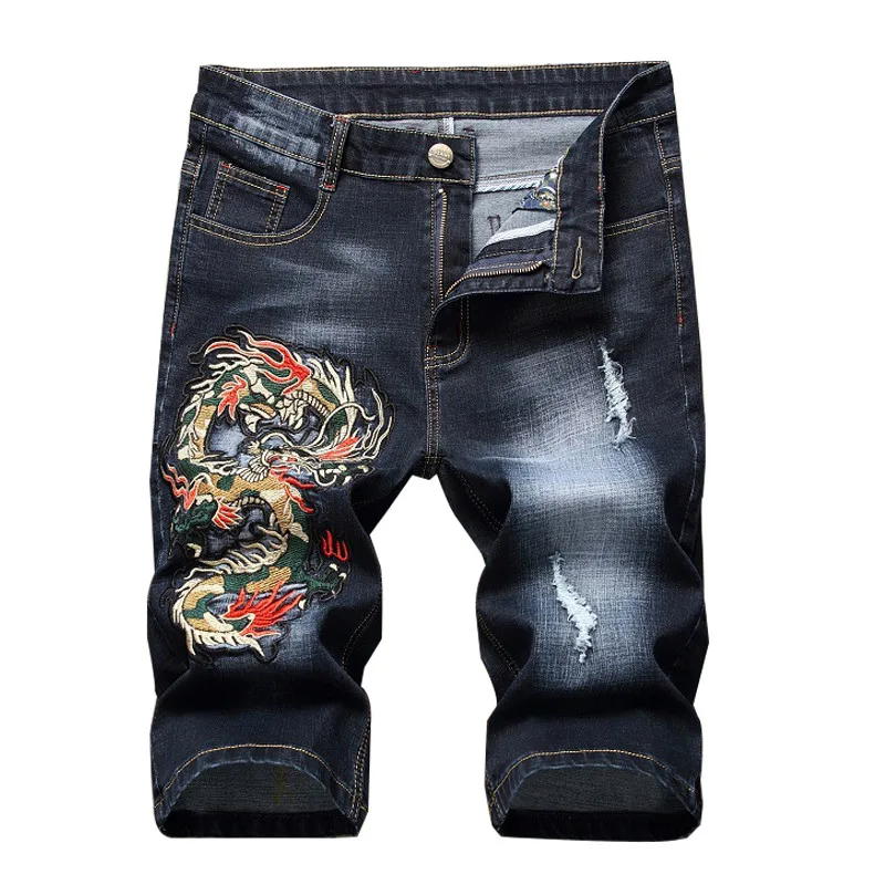 

MORUANCLE Men's Ripped Short Jeans With Dragon Embroidery Fashion Distressed Embroidered Denim Shorts For Male Straight