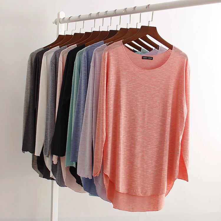 Cosy Pyro Camiseta De Manga Larga De Algodón Para Mujer, Cuello Redondo, Camisetas De Entrenamiento De Corte Clásico, Camiseta Básica Suave Y Sólida, Negro/Rosa/Púrpura