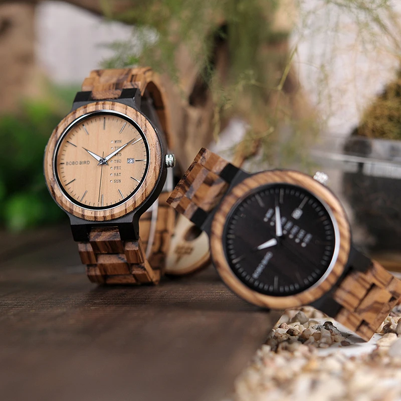 BOBO BIRD O26-1 Zebra Wood Army Military Watches for Men's Quartz Date wristwatch With Week Display In Gift Box Ship from Spain