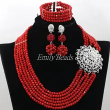 Непрозрачные красные хрустальные нигерийские Африканские свадебные бусы комплект ювелирных изделий ожерелье серьги браслет наборы 6 слоев ALJ043
