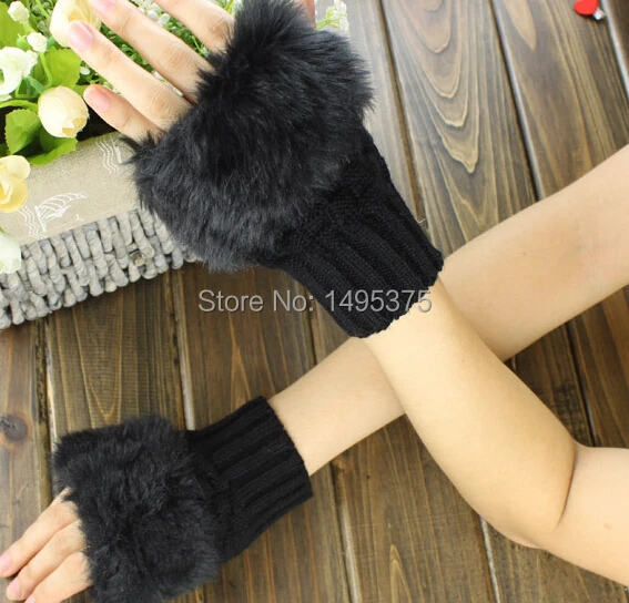 200 пар/лот женские вязаные без пальцев зимние теплые перчатки с искусственным кроличьим мехом короткие перчатки