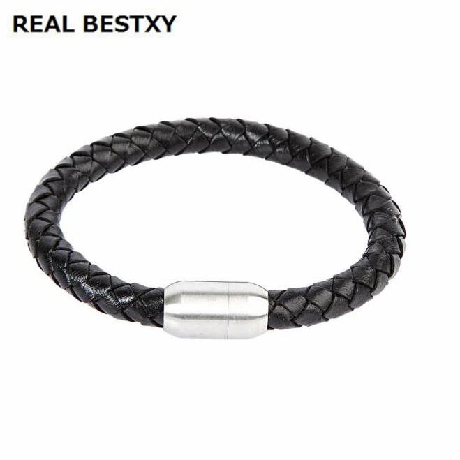 

REAL BESTXY Men's Stainless Steel Black Leather Braided Bracelet with Magnet Buckle braided real leather bracelet real leather