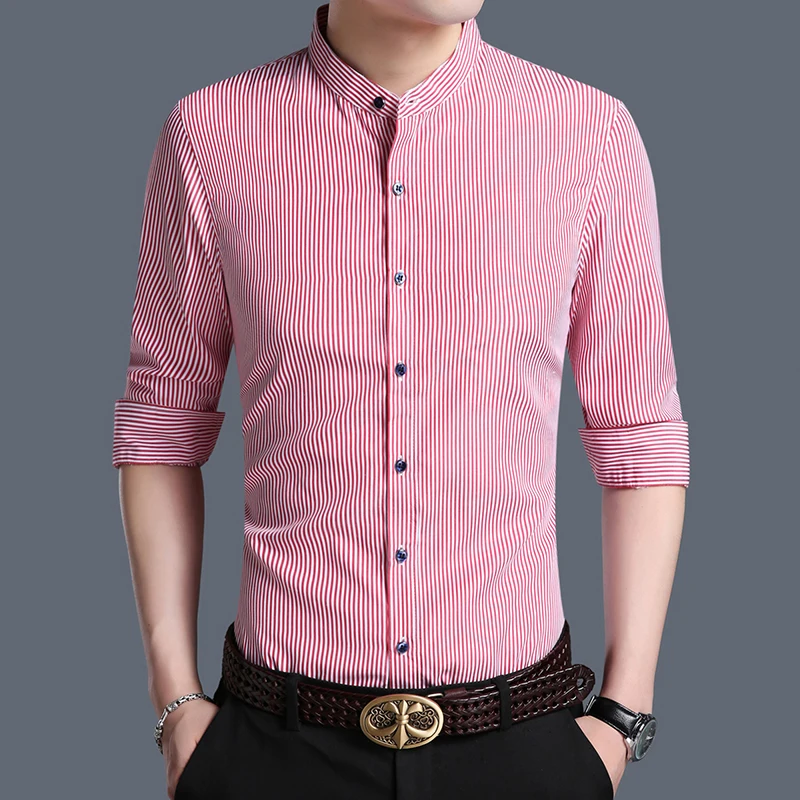 Высокое качество модная брендовая мужская рубашка с воротником мандарин с длинным рукавом облегающая уличная одежда для тренировок в полоску Повседневная одежда