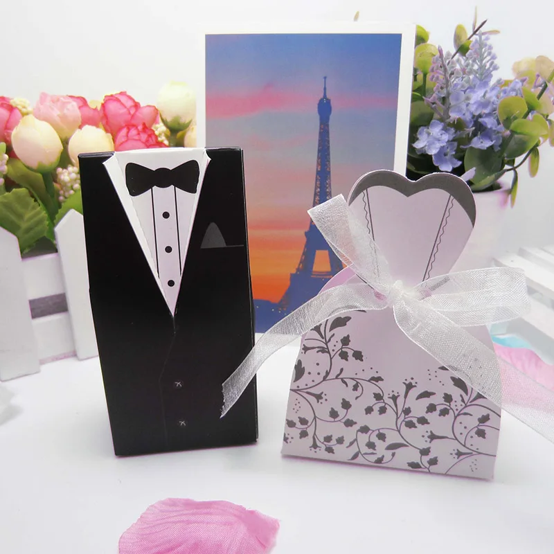 

10Pcs Bridal Gift Cases Groom Tuxedo Dress Gown Ribbon Wedding Favors Candy Box Sugar Case Wedding Decoration mariage casamento