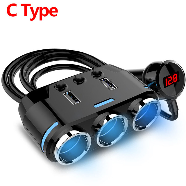 Car Cigarette Lighter Socket Splitter Plug USB Charger Voltage Display Adapter 100W on Auto Cigarette Lighter Accessories