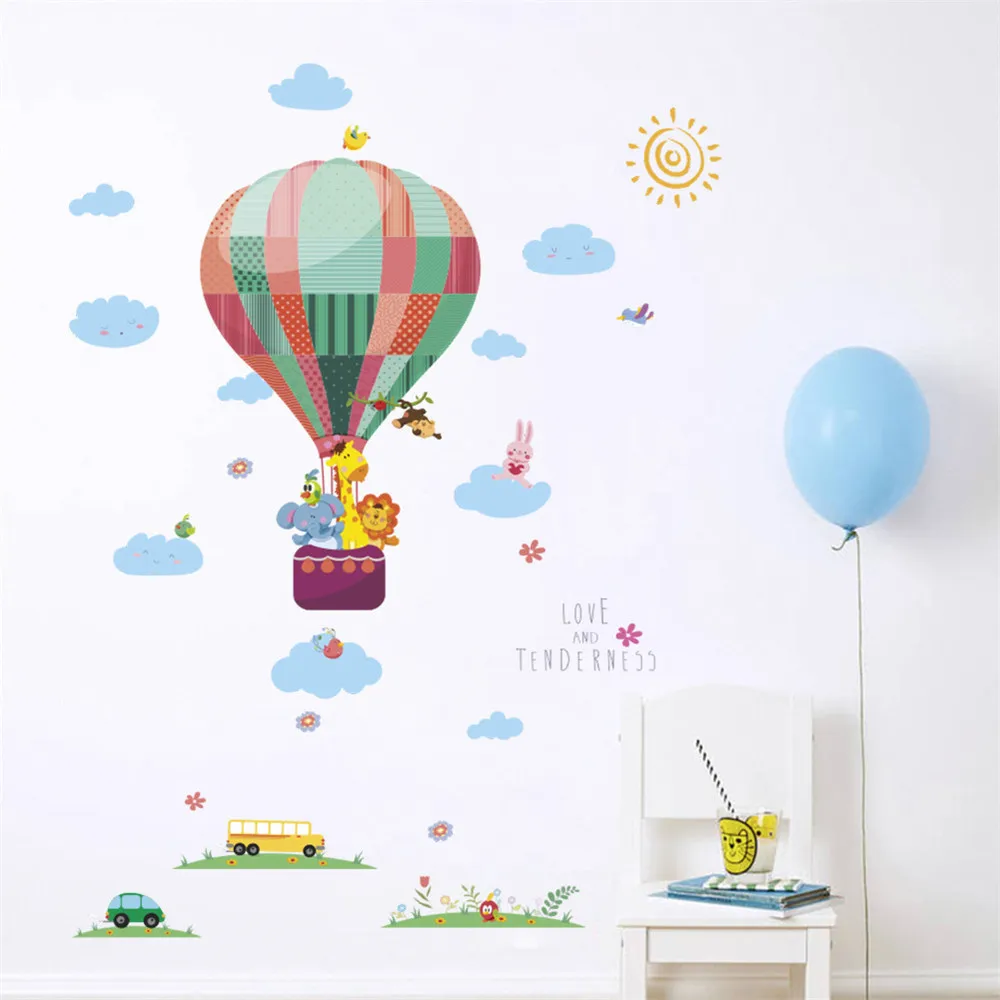 Fashion Grass Hot Air Balloon Small Animal Painting Home Bedroom Living Room Decoration Art Wall Sticker Mural Wallpaper
