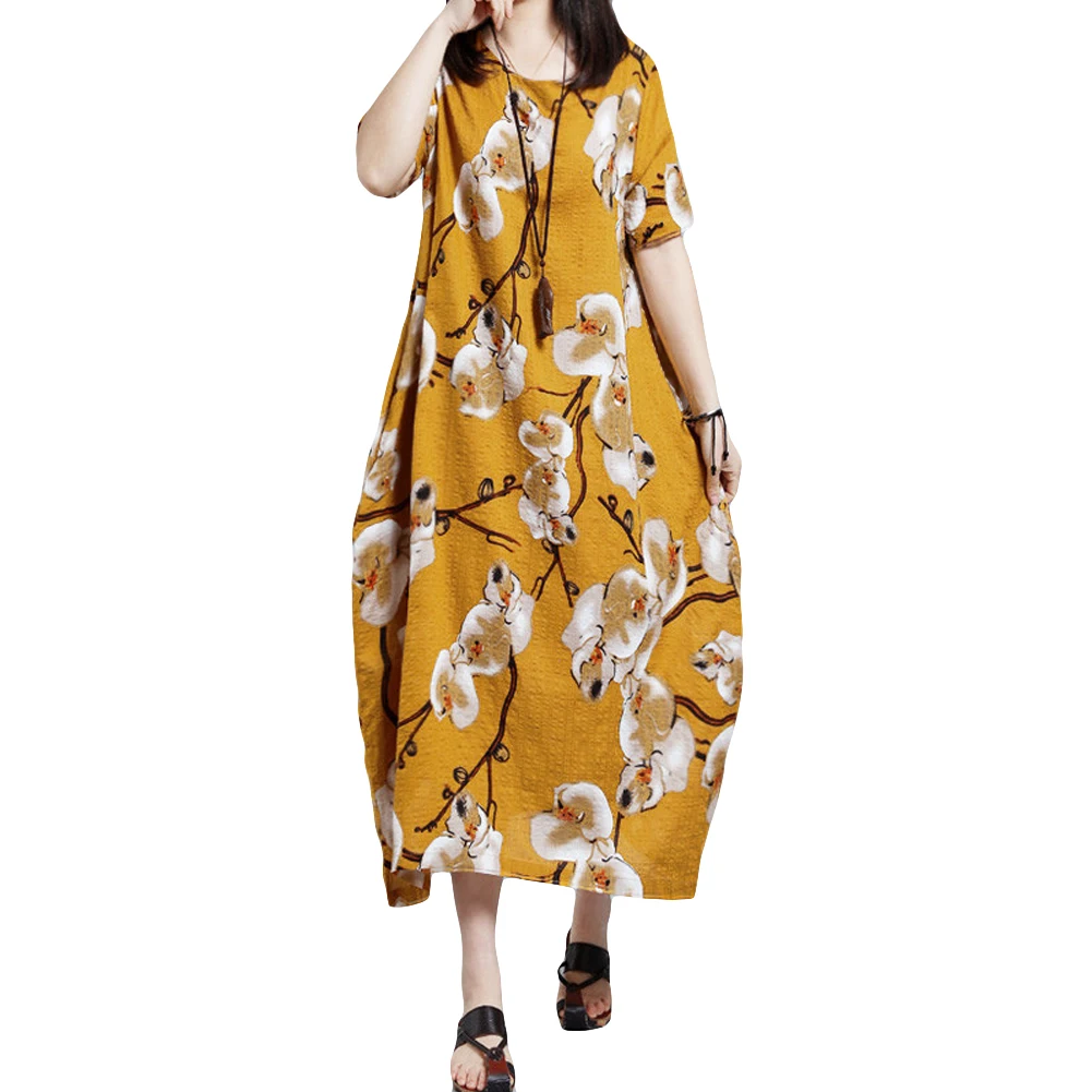 

4XL 5XL Plus Size Dress Women Casual Floral Print Loose Summer Dress Short Sleeve Round Neck Pockets Oversize Long Dress Kaftan