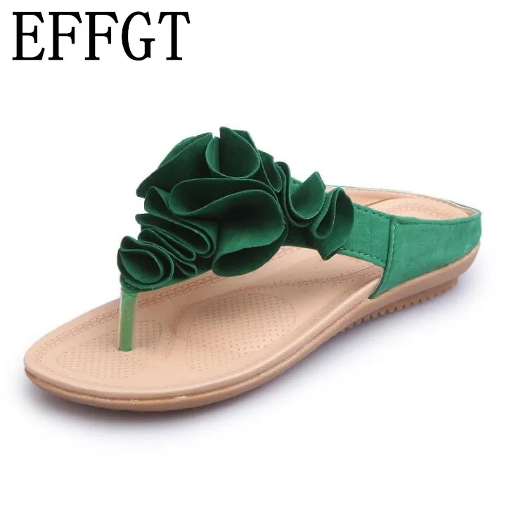 

EFFGT Flip Flops Woman shoes 2018 Summer Women's Shoes Fashion Leisure Flowers Slippers Sandals Beach summer flats slipper