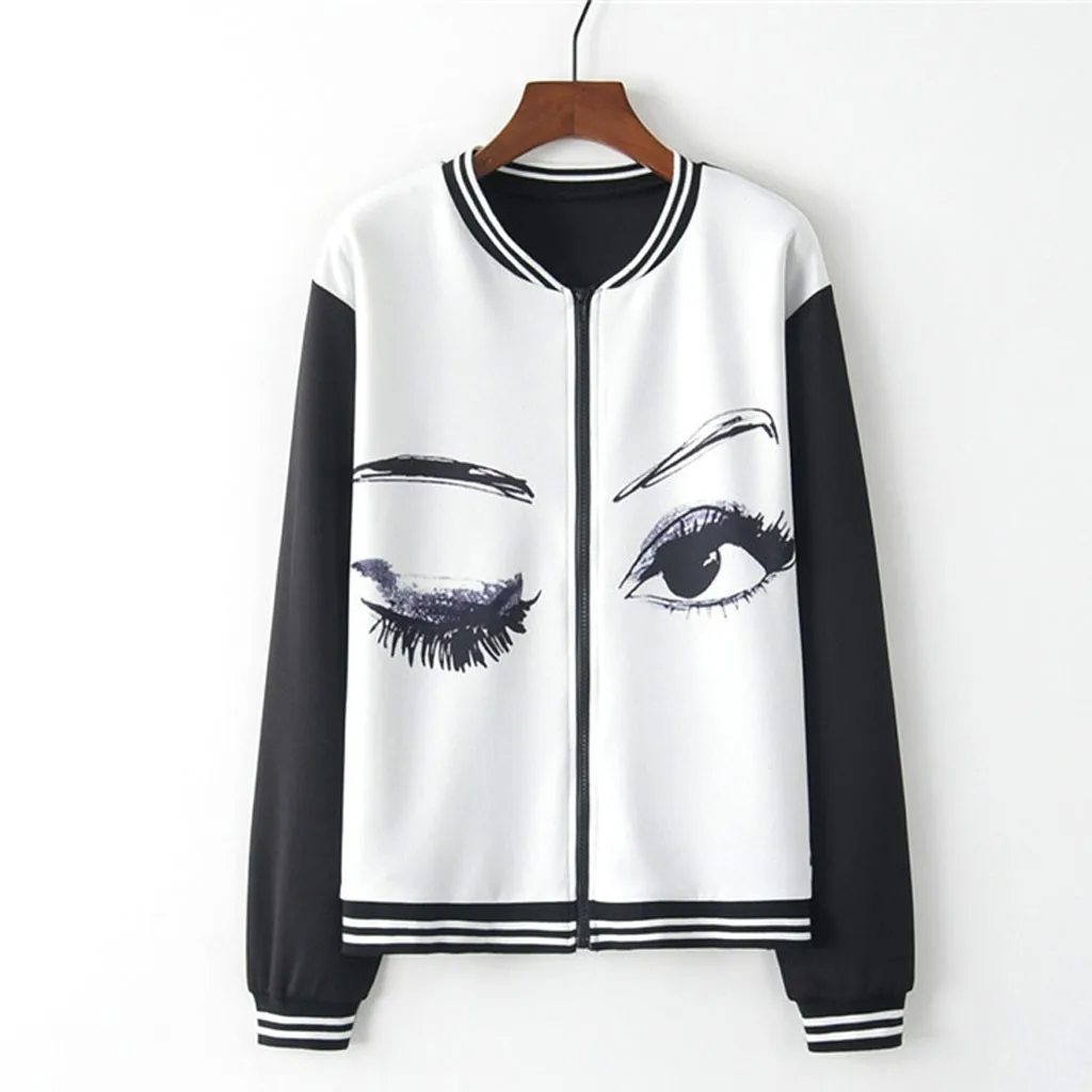 

Jacket Women Long Sleeve O-Neck Eye Print Jacket Casual Female Zipper Pockets Casual Sport Coat Roupas femininas YJJ1