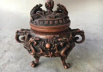 

6''red copper home fengshui carvings auspicious beast nine dragon incense burner