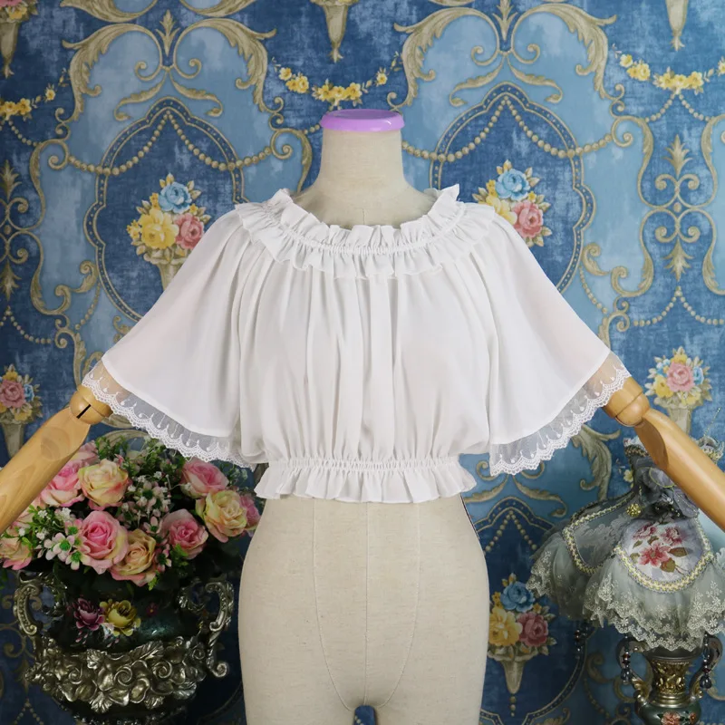 

Women Spring Chiffon Lolita Blouse 1/2 Flare Sleeves Layered Neck Ruched Hem Black Shirt Ladies Solid Lace Corset Top for Girls
