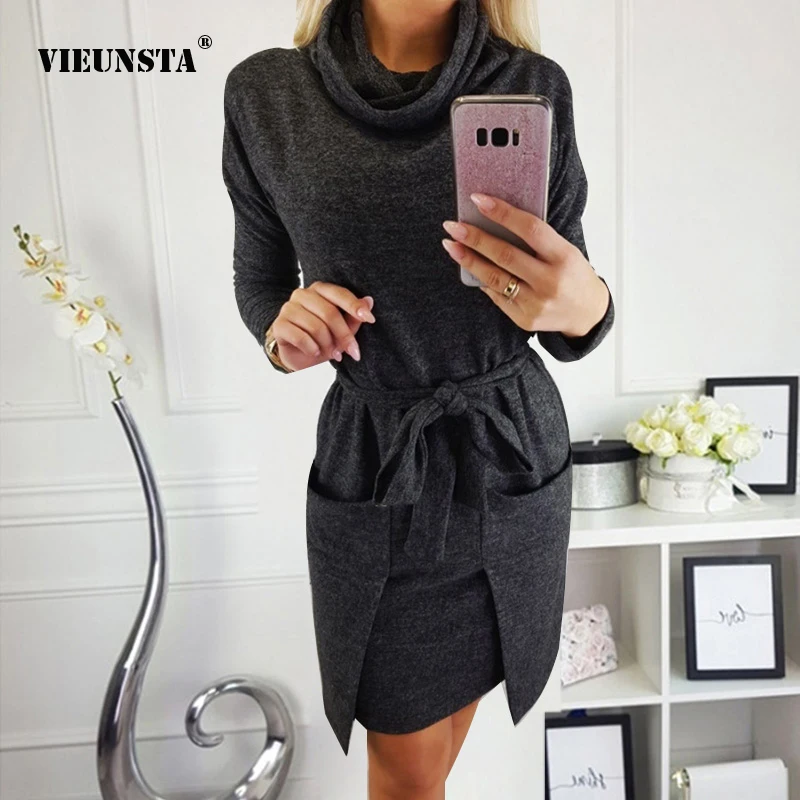 

VIEUNSTA Women Winter Turtleneck Irregular Sashes Dress Long Sleeve with Pocket Office Dresses Elegant Solid Mini Dress Vestidos