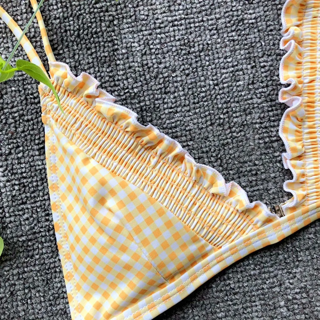 MUQGEW сексуальные желтые плиссированные бикини однотонный топ Танга микро бикини женский купальник Бразильский комплект бикини купальный костюм#11