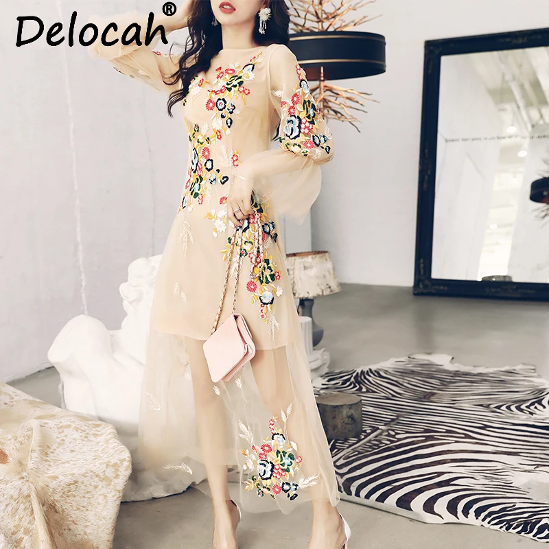 

Delocah Autumn Women Dresses Runway Fashion Designer Flare Sleeve Gorgeous Lace Floral Embroidery Vintage Black Mesh Dress