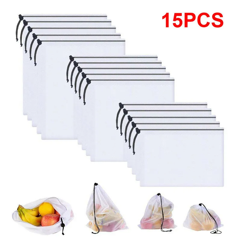 

New 15Pcs Reusable Shopping Bags White Polyester Vegetable Fruit Toys Storage Pouch Pocket Lightweight Environmentally Friendly