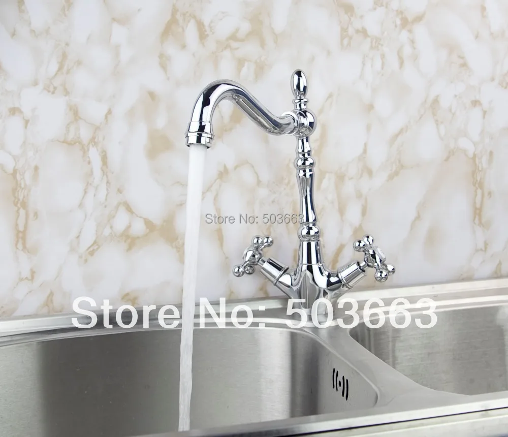 New Swivel Chrome Brass Kitchen Faucet Spout Vessel Basin Sink Double Handles Deck Mounted Mixer Tap