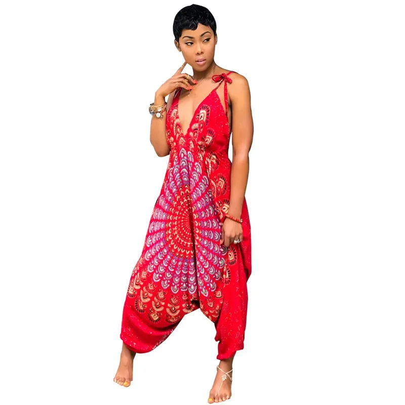 Echoine Women Jumpsuit National Style Print Sexy V-Neck Halter Backless Spaghetti Strap Sleeveless Loose Long Pant Female Romper Echoine Women Jumpsuit National Style Print Sexy V-Neck Halter Backless Spaghetti Strap Sleeveless Loose Long Pant Female Romper