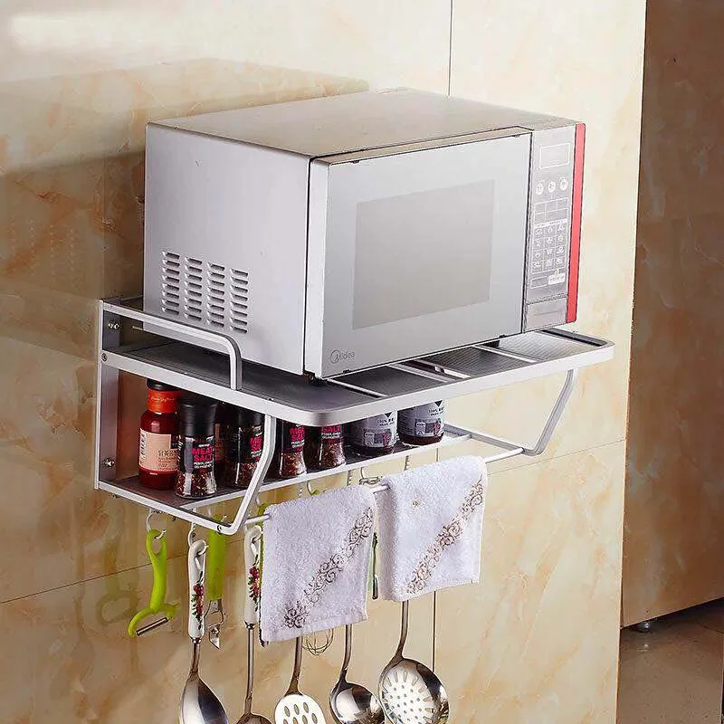  Space Aluminum Microwave Oven Bracket Wall Mounted Kitchen Rack Light Grate 2 kitchen Shelf Microwa - 32865438708