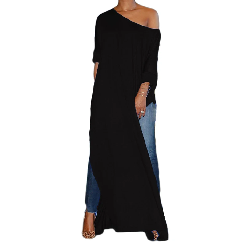 Split Maxi Dresses Long Sleeve Casual Wrap Dress Women O Neck Spring ...