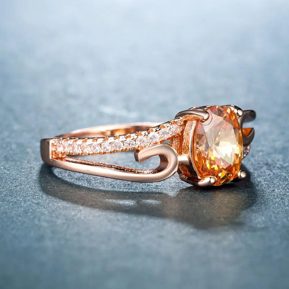 

Huitan Luxury Cocktail Party Ring with Oval Shape Champagne CZ Prong Setting Rose Gold Color Valentines Gift Rings for Women