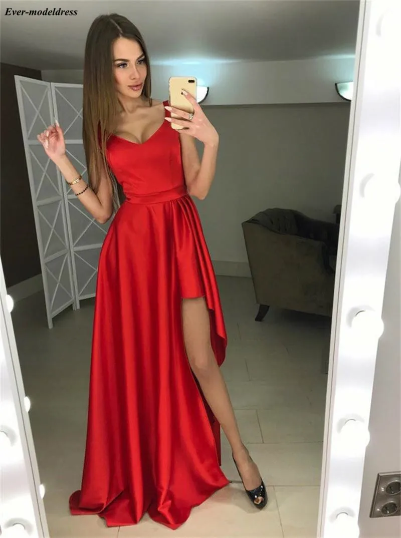 

Simple Red Reflective Dresses High Low Prom Dresses 2019 Pleats Formal Gown Sweep Train Cheap Plus Size vestido graduacion largo