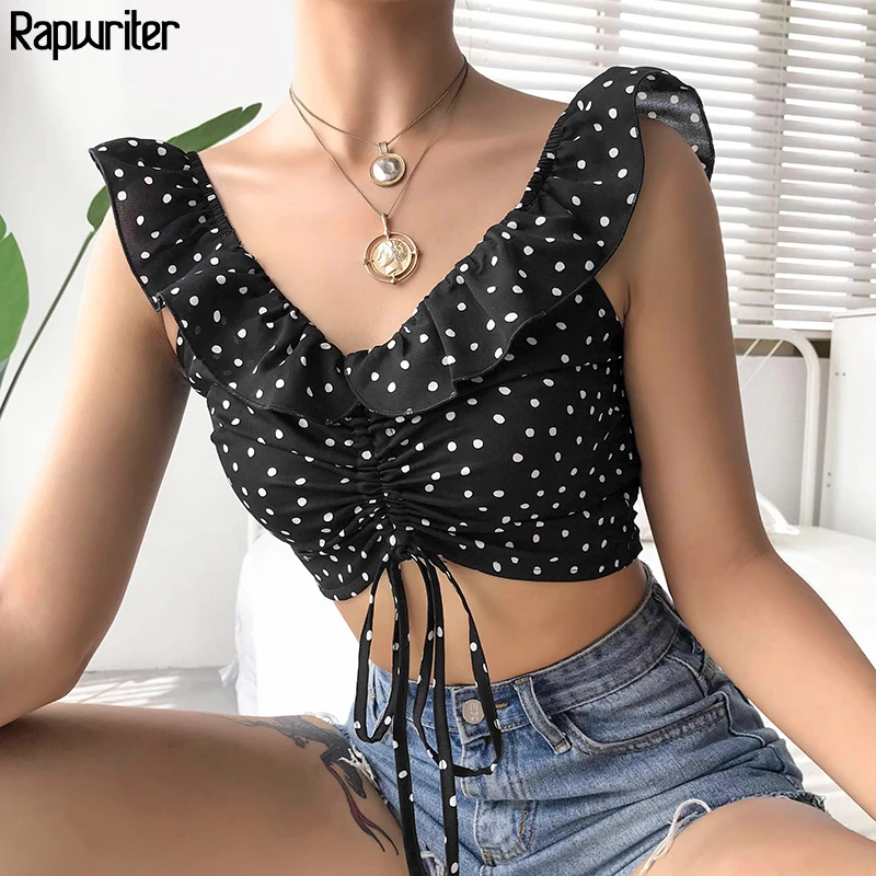 

Rapwriter Sexy V-Neck Polka Dot Ruffles Black Chiffon T-Shirt Girl 2019 Summer Drawstring Sleeveless Stretch Crop Tops feminina