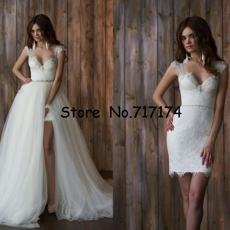 

Two Pieces Sweetheart A-line Wedding Dresses with Detachable Train Open Back Cap Sleeves Lace Beaded Bridal Gowns Robe De Mariee