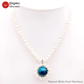 

Qingmos Natural Pearl Pendant Necklace for Women with 6mm White Pearl Necklace 18mm Green Chrysocolla Stone Necklace Jewelry 17"
