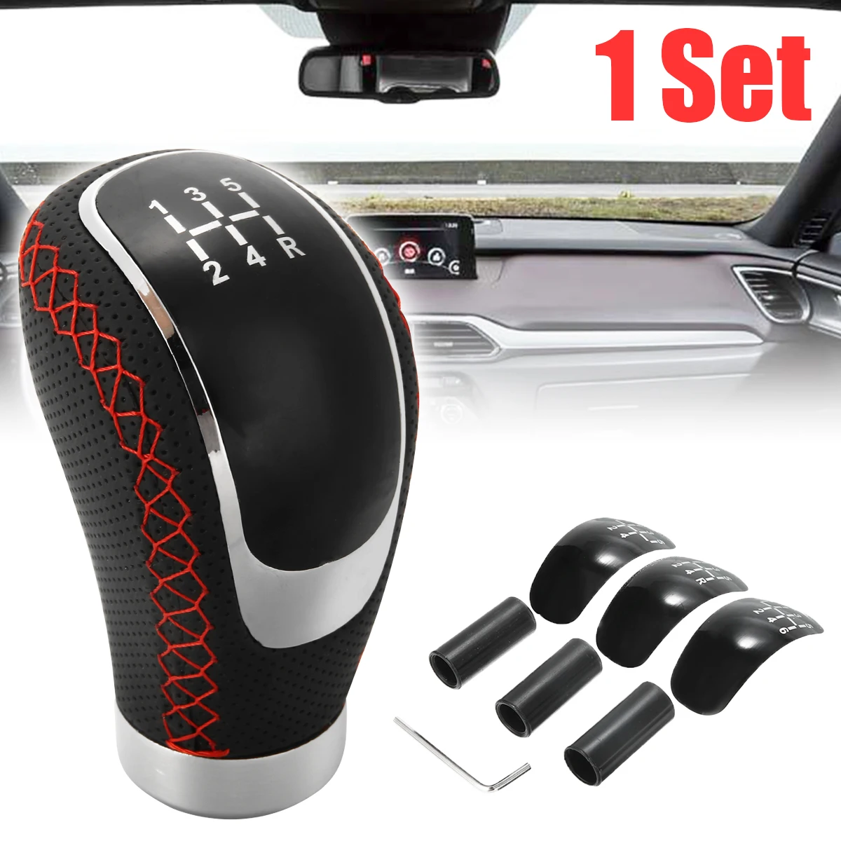 5 6 Speed Genuine PU Leather Gearshift Universal Replacement Manual Car Gear Stick Shift Knob Set 96x50mm
