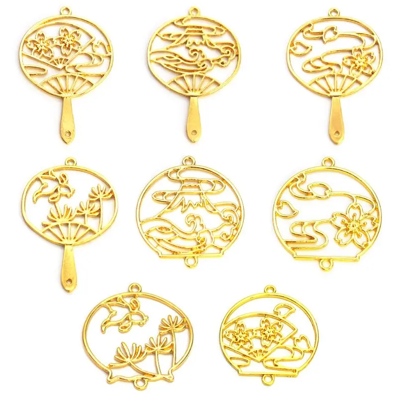 

8 Pcs/Set DIY Frame Chinese Fan Shape Exquisite Floral Hollow Landscape Epoxy Resin Crafts Jewelry Making Necklace Pendant