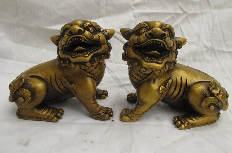 

Chinese Folk Classic Bronze Feng Shui Evil Fu foo Dog Lion Statue Pair