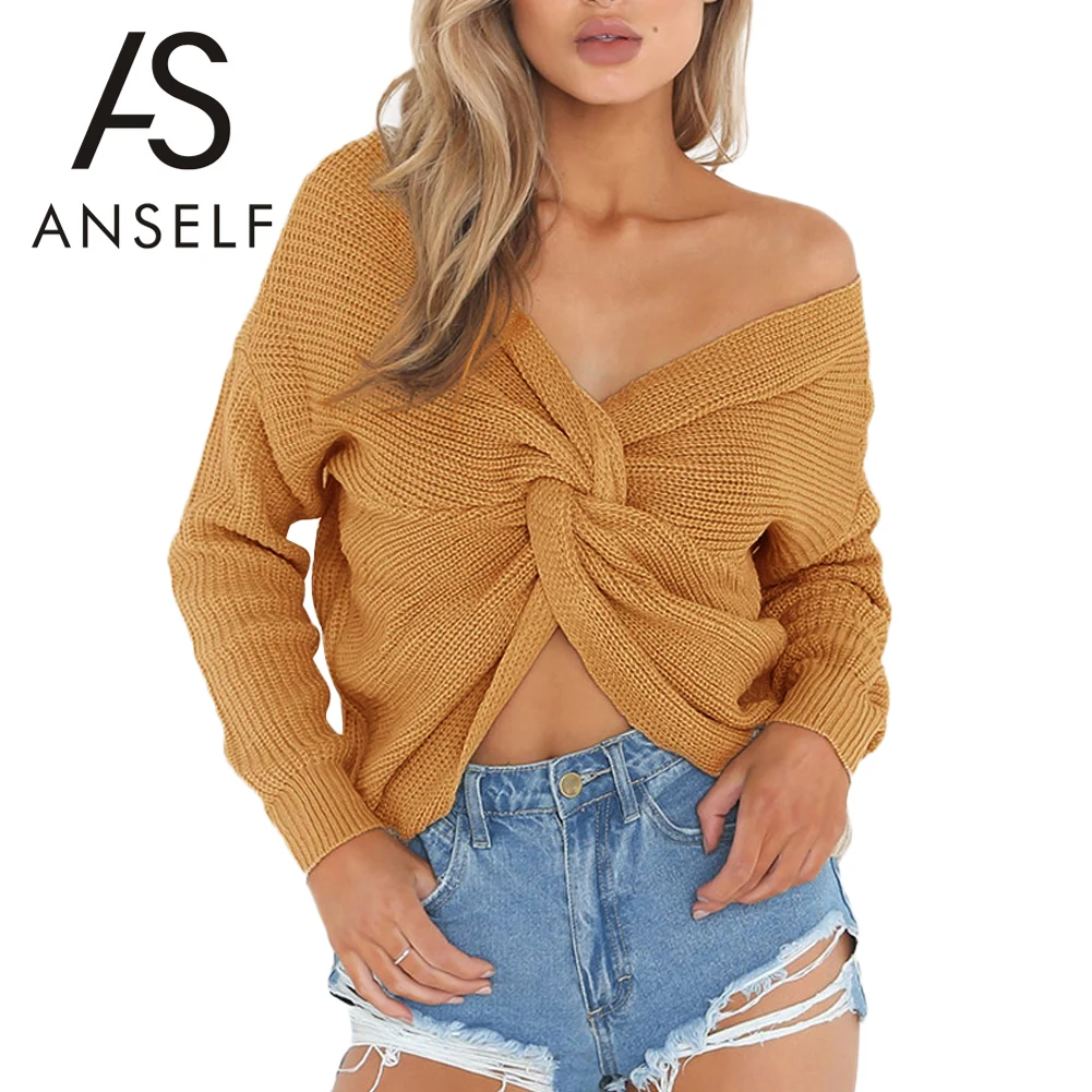 Women Loose Sweater Autumn Knitted Pullovers Shirts V Neck Back Bow