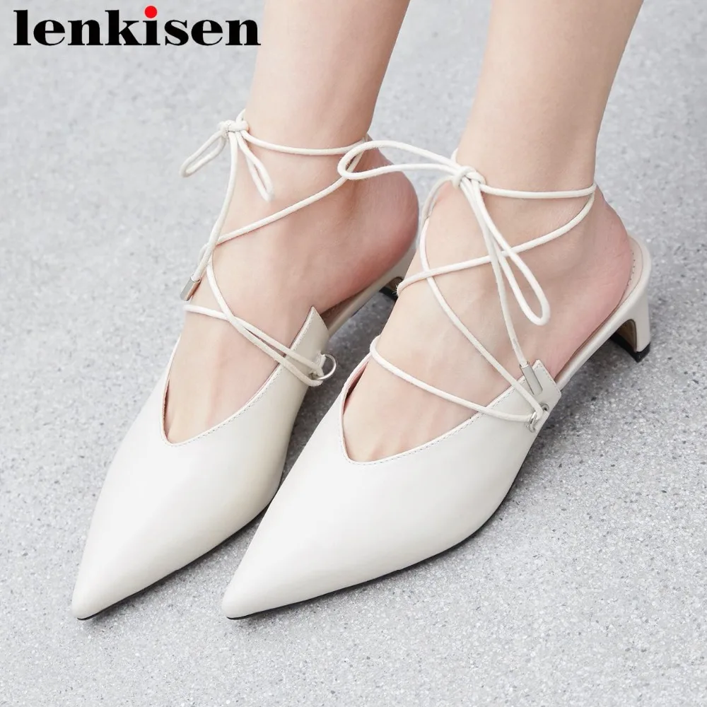 

2019 genuine leather thick med heels pointed toe slingback mules lace up elegant lady Hollywood movie star party dating shoe L53