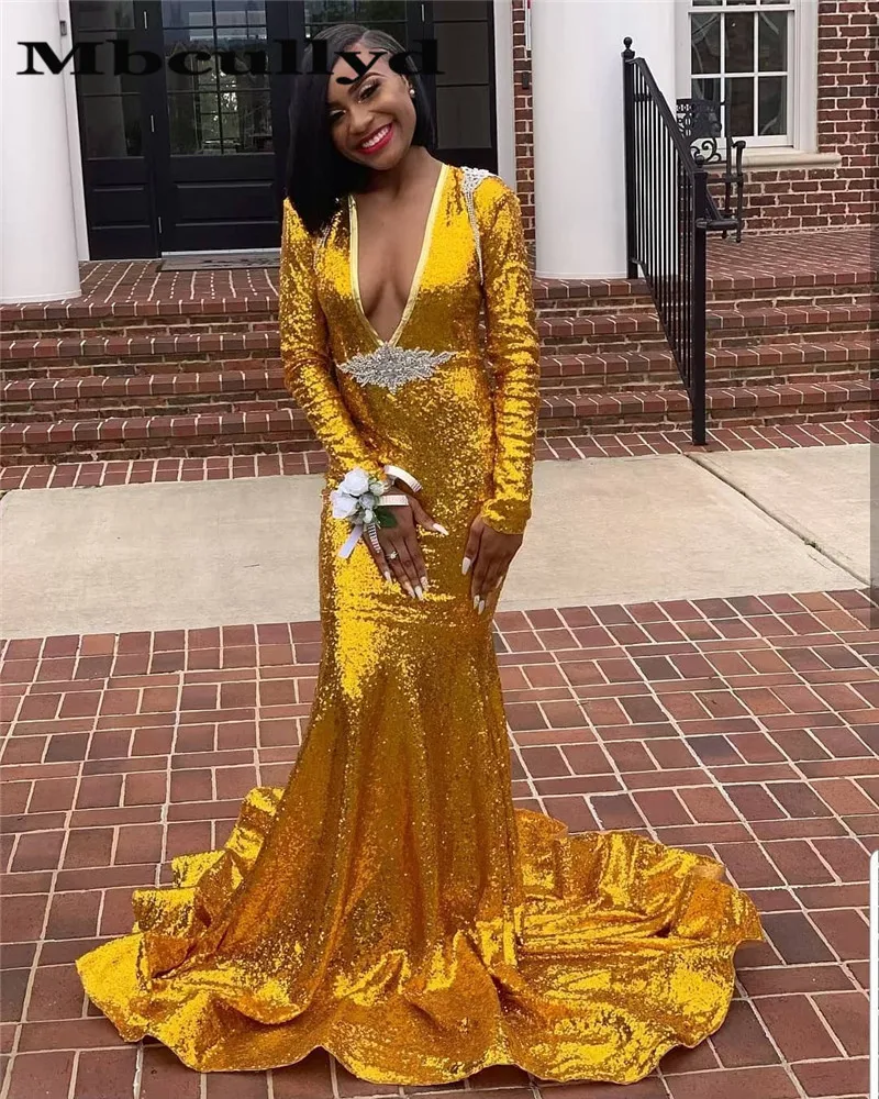 

Mbcullyd African Mermaid Gold Sequins Black Girls Prom Dresses 2019 Deep V Neck Long Sleeves Reflective Dress Evening Gala Gowns