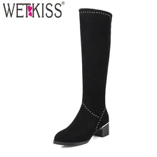 WETKISS/Очаровательные сапоги до колена; зимние сапоги из натуральной замши; женская обувь на квадратном каблуке для прогулок; Стильные с заклепками; женская обувь на молнии