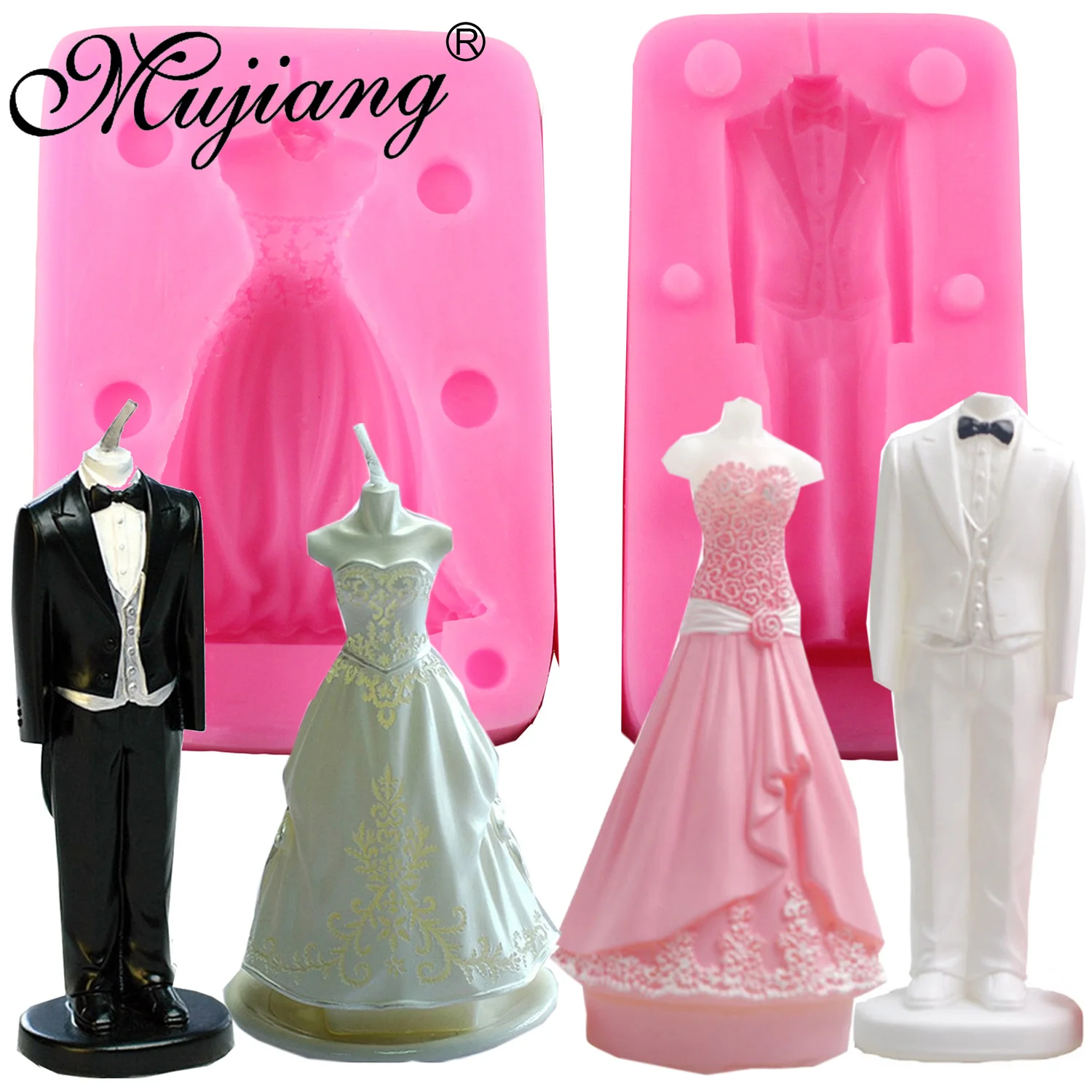 

Mujiang 4Pcs Bride Groom Wedding Dress Silicone Candle Soap Clay Mold Fondant Cake Decorating Tools Sugar Candy Chocolate Molds