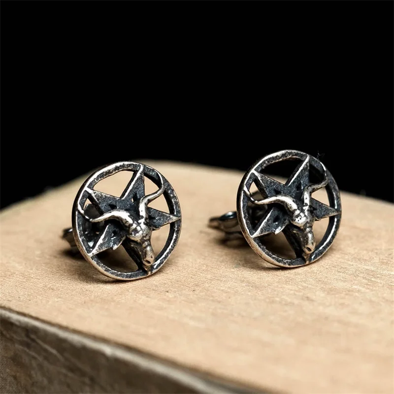 

S925 Sterling Silver Earring Vintage Pentagram Pan God Skull Goat Head Stud Earrings for Women Jewelry Luck Satanism Occult