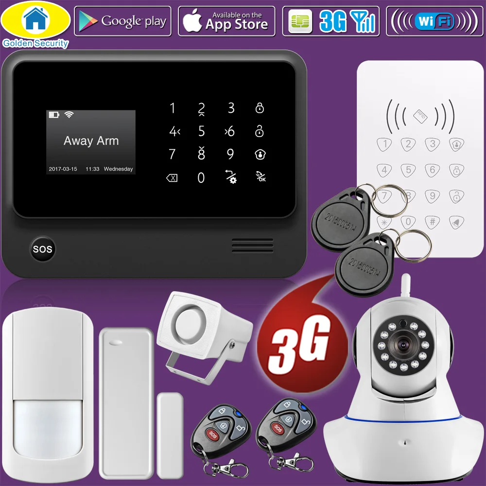 

Golden Security WIFI 2G 3G GSM WCDMA Language Switchable Wireless Home Security Alarm System RFID Keyboard IP Camera