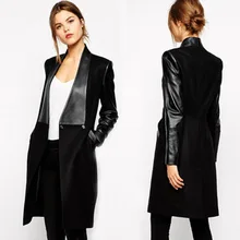 Women s PU leather stitching Slim woolen coat Girls Long Jacket Leather Jacket Women Winter Jacket