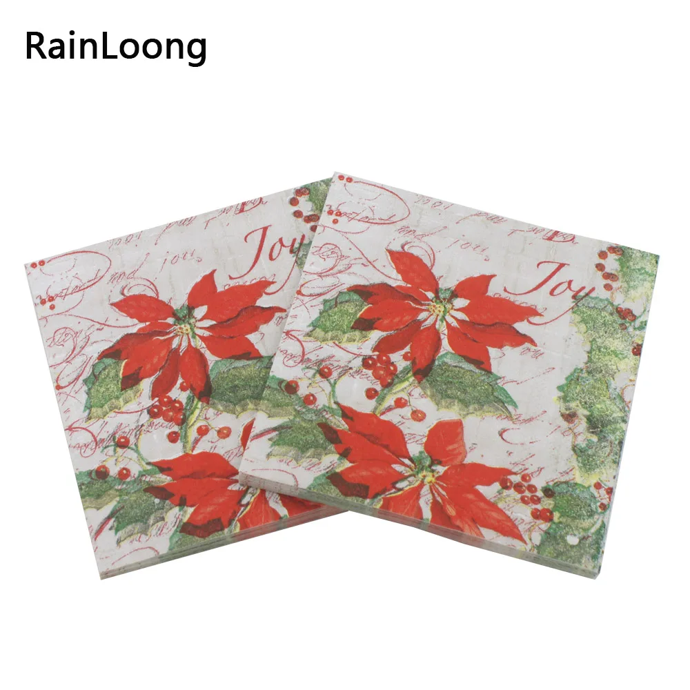 [rainloong] 3plys Beverage Napkin Merry Christmas Joy Flower Paper