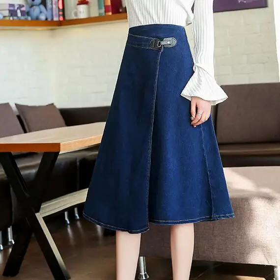 Asymmetrical denim skirts women plus size ealstic waist mid calf cotton ...