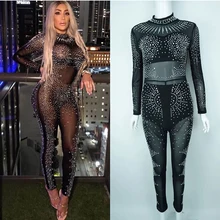 Black Long Sleeve Rhinestone Jumpsuit Sexy Stage Costume Women Singer Crystal Bodysuit Celebrity Performance Wear DNV10970