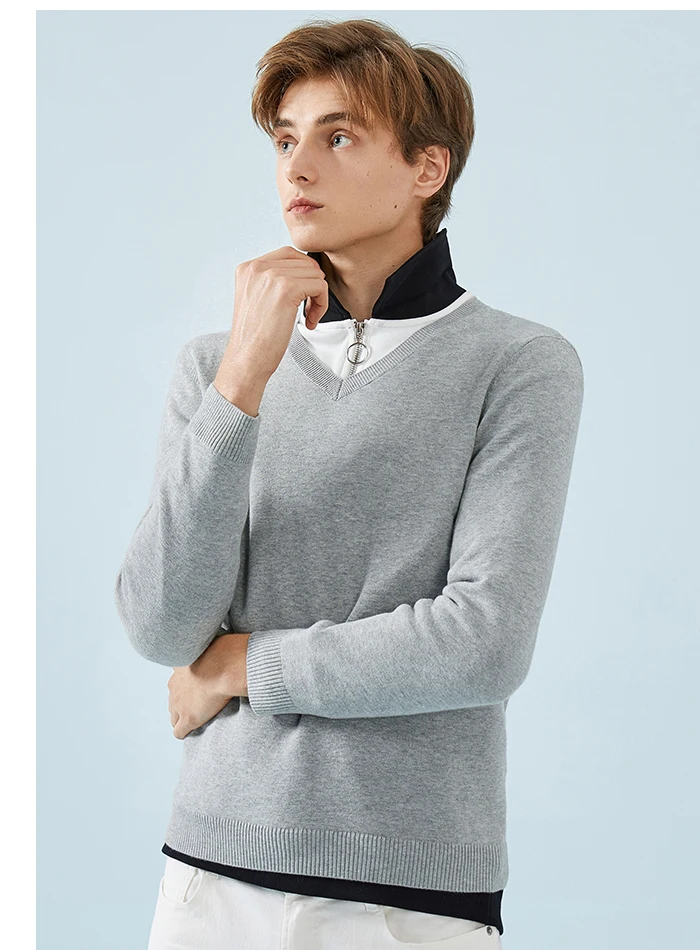 SEMIR мужской свитер с v-образным вырезом из 100% мягкого хлопка мужской тонкий трикотажный свитер цвета трикотажная резинка на манжетах и
