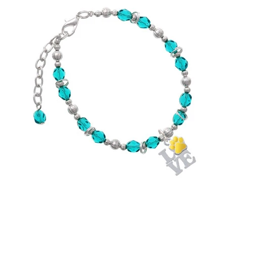 Silvertone Love with Yellow Paw Teal Beaded Bracelet