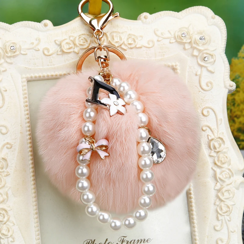 

Fur Pompons Keychain 15 Color 8 CM Rabbit Fur Pompom Keychain Rhinestones D Pearl Car/Bag Charm Fluffy Key Chain Porte Clef Gift