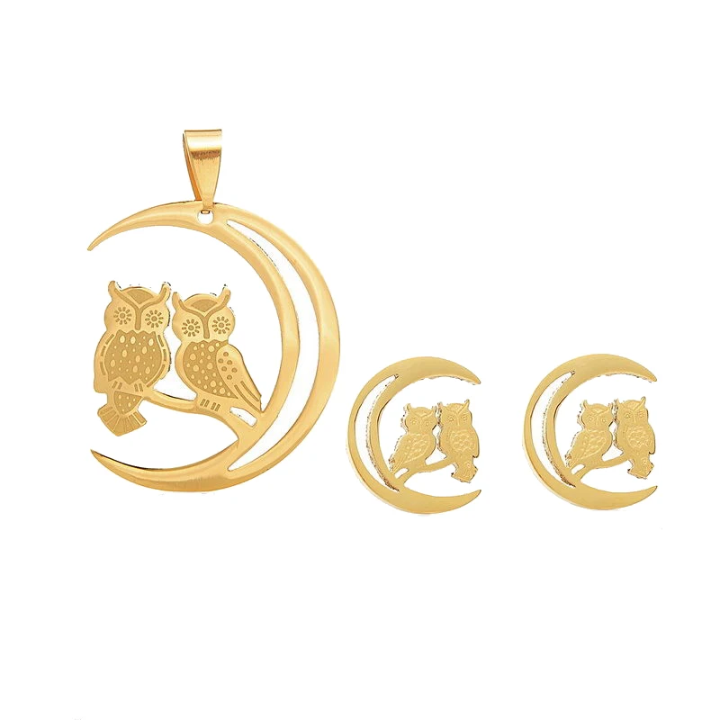 

1 Set Stainless Steel Gold Tone Owl Pendant Stud Earrings Jewelry Set